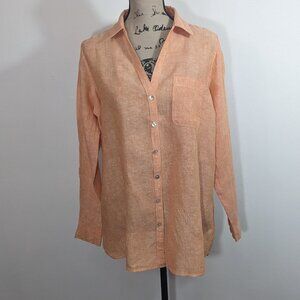 Sigrid Olsen Top M Orange Linen Roll Tab Tunic Beach Coastal Grandmother Shirt